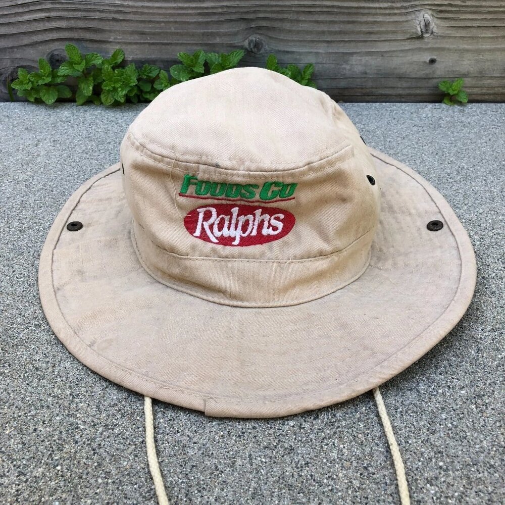 VTG 90s NISSIN Foods Co Ralphs Bucket Hat Men's LARGE Khaki Boonie Cap​​​